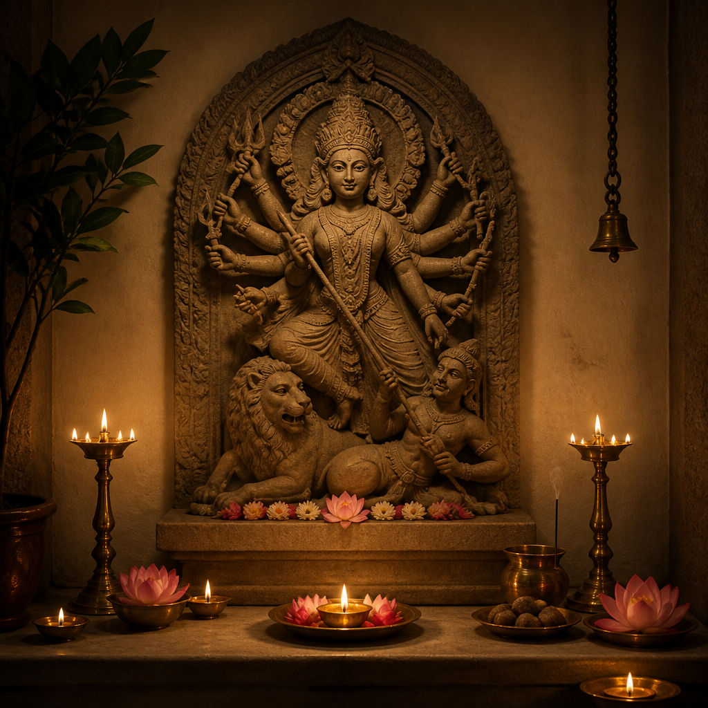 Durga statue displayed on a home altar with lotus flowers and soft candlelight