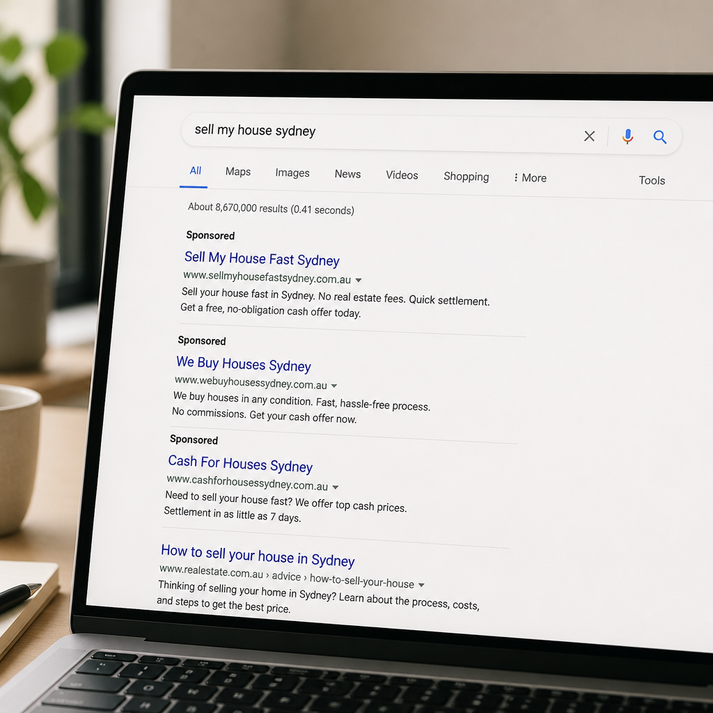Laptop screen displaying a Google search for 'sell my house Sydney' with paid search ads visible at the top of results