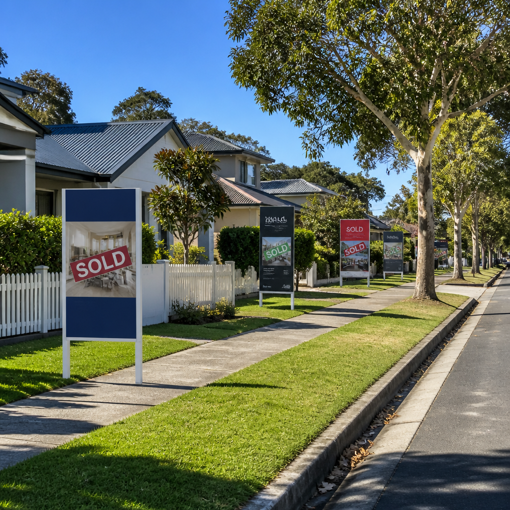 Suburban Australian street with multiple 'Sold' signs from competing real estate agencies displayed on properties