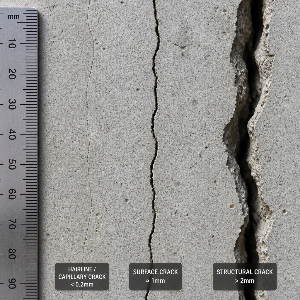Comparaison de trois types de fissures de béton : capillaire, superficielle et structurelle avec échelle de largeur