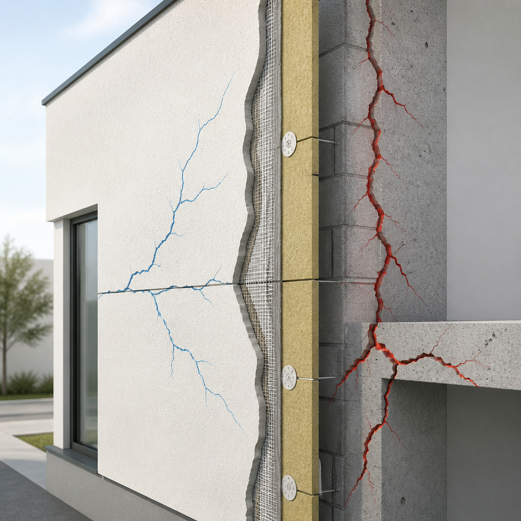 Diagramme architectural montrant la propagation des fissures à travers les couches de façade