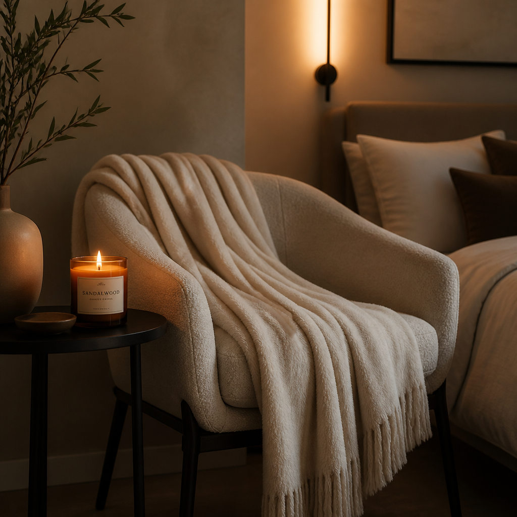Cozy bedroom corner with soft lighting, plush blanket, and scented candle for a calm evening ritual