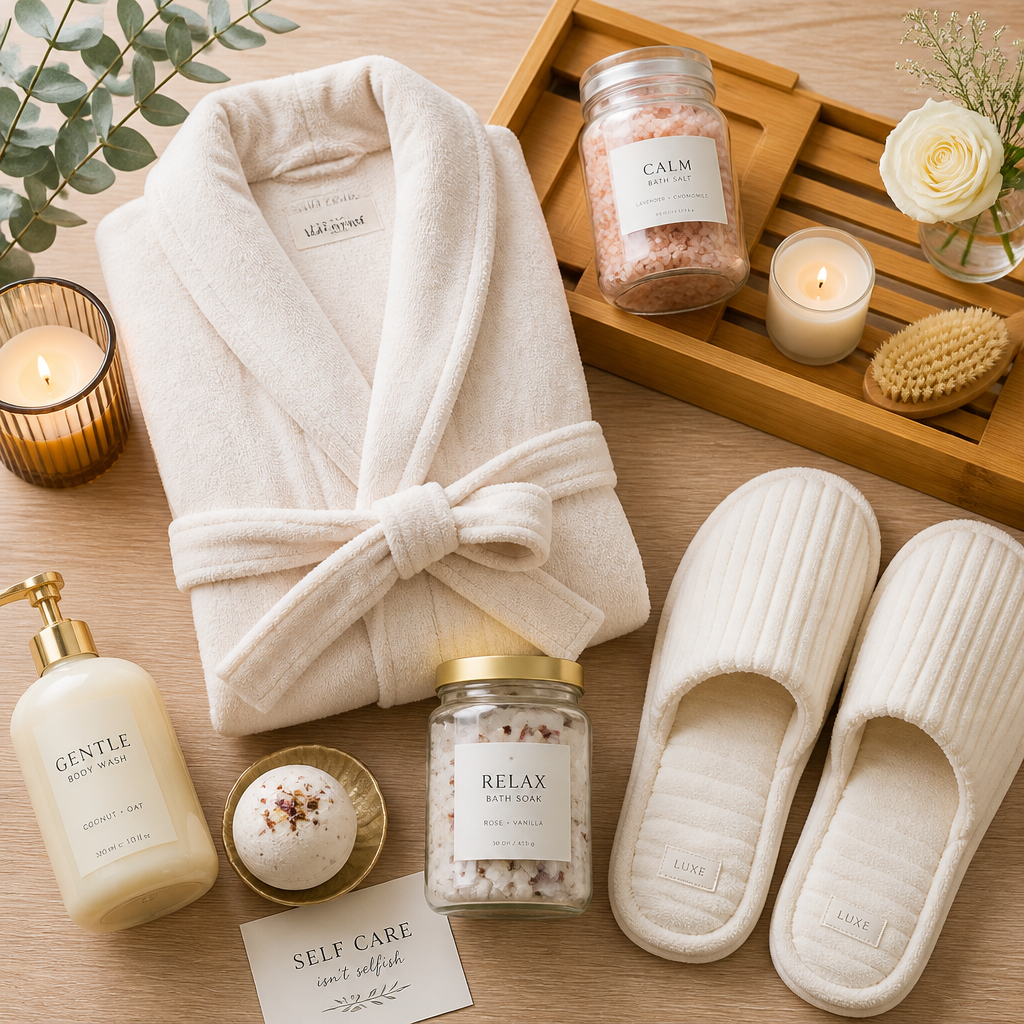 Curated collection of housewarming self-care gift items arranged on wooden surface