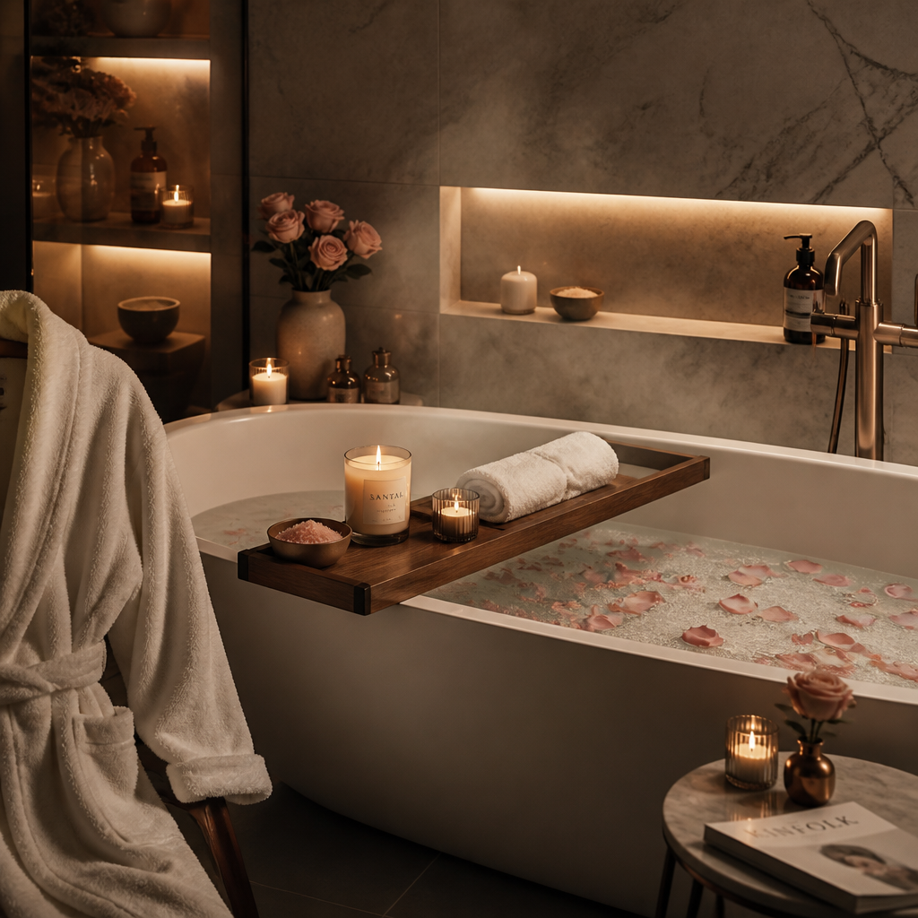 Inviting bathroom setup with bath tray, candles, and plush robe for a relaxing spa ritual at home