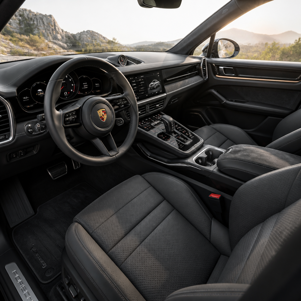 Luxury car interior cabin showing various seat and trim materials including leather, Alcantara, and perforated surfaces