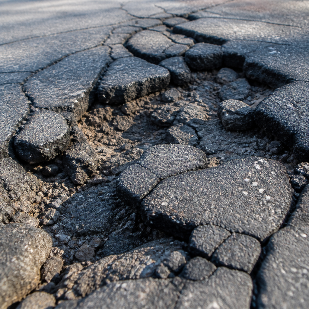 Overhead view of damaged asphalt showing deep potholes and frost heave on Michigan road