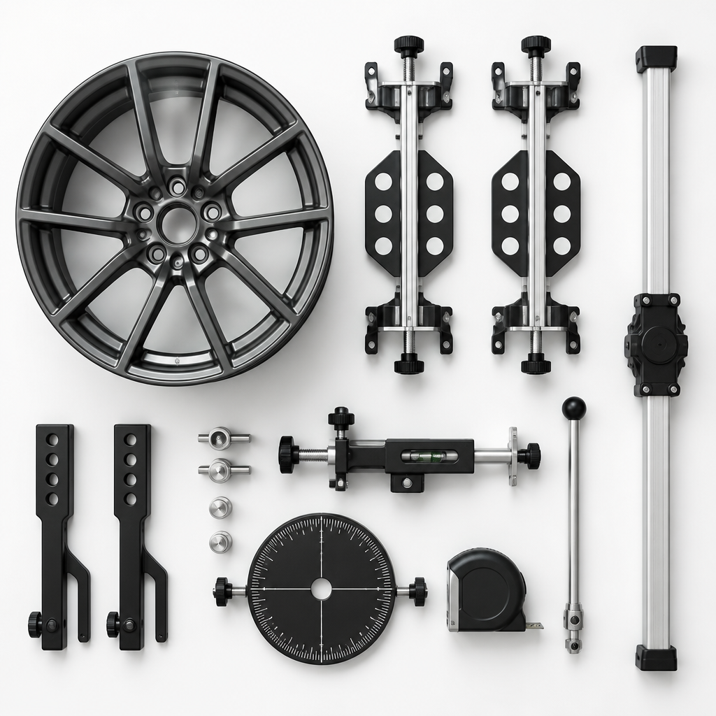 Flat lay arrangement of wheel alignment tools and measurement equipment on white background