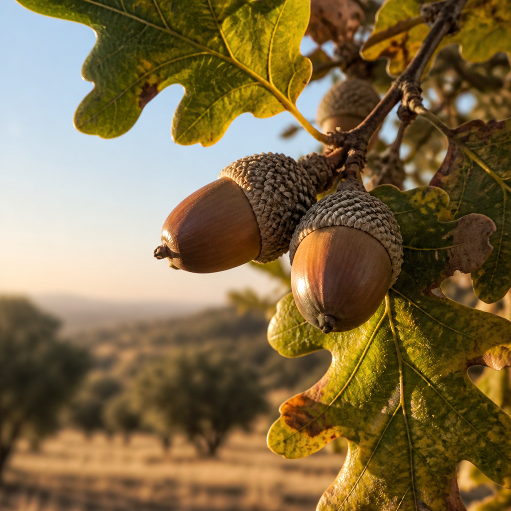 Detalle de bellotas y hojas de encina en rama durante la montanera