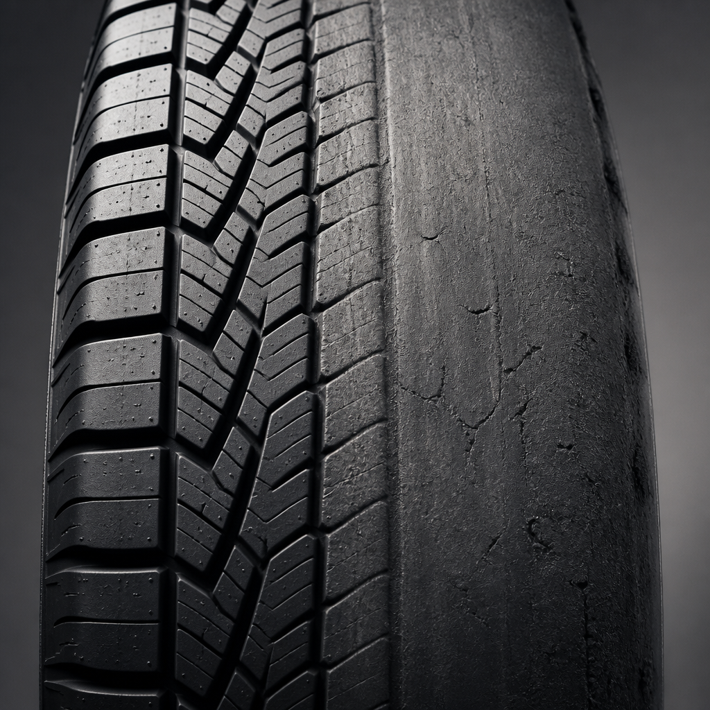 Close-up macro shot showing contrast between new and worn tire tread patterns