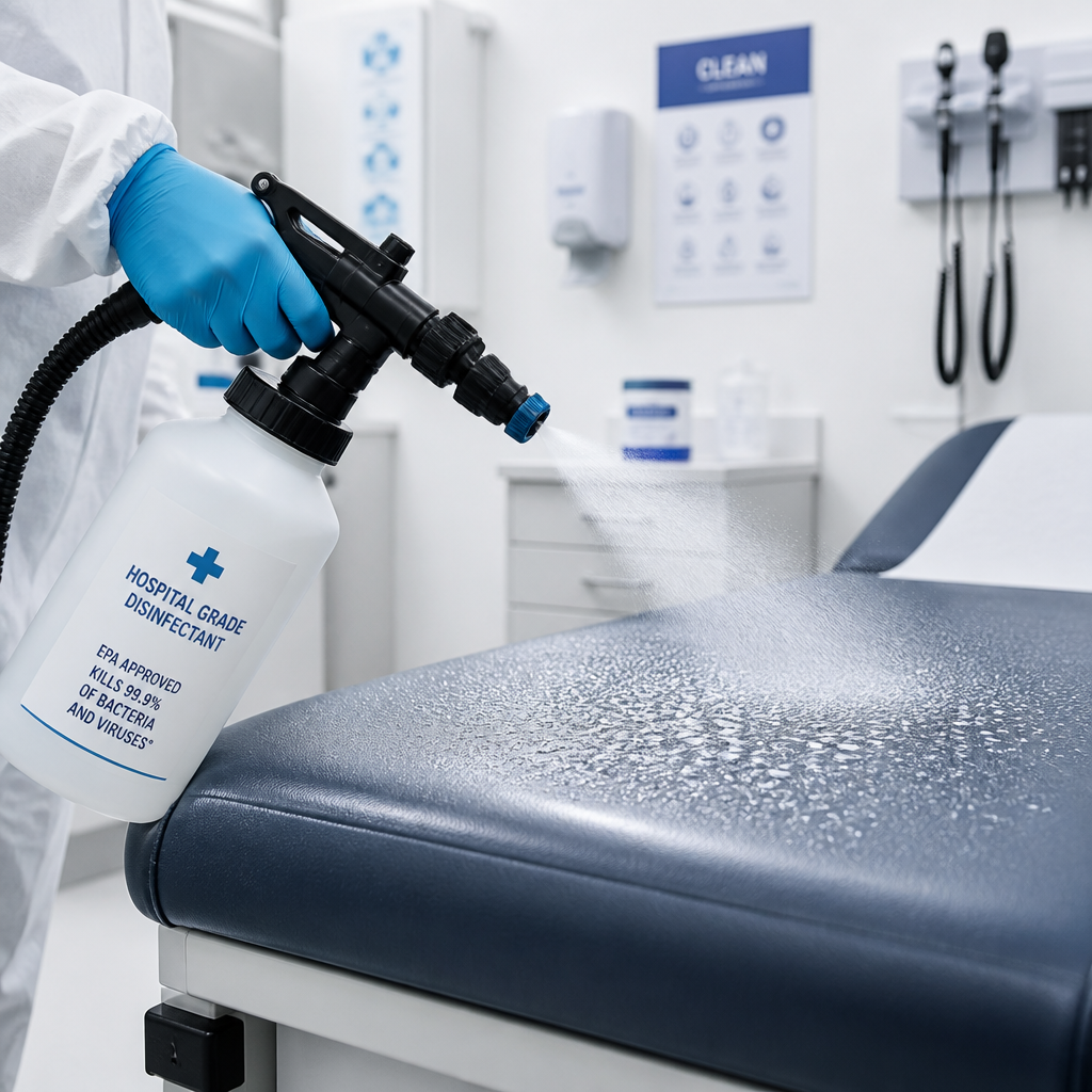 Medical Centre Cleaning Melbourne: Why Standard Cleaning Falls Short Clinical-grade disinfectant being applied to a medical surface with precision spray equipment in Clyde north during Medical centre cleaning