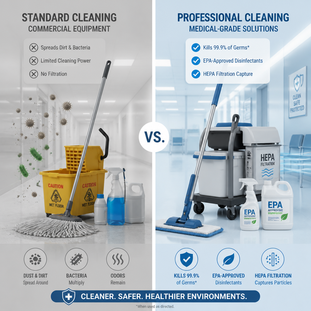 Medical Centre Cleaning Melbourne: Why Standard Cleaning Falls Short Comparison between standard cleaning supplies and clinical-grade medical disinfection equipment in Medical centre cleaning