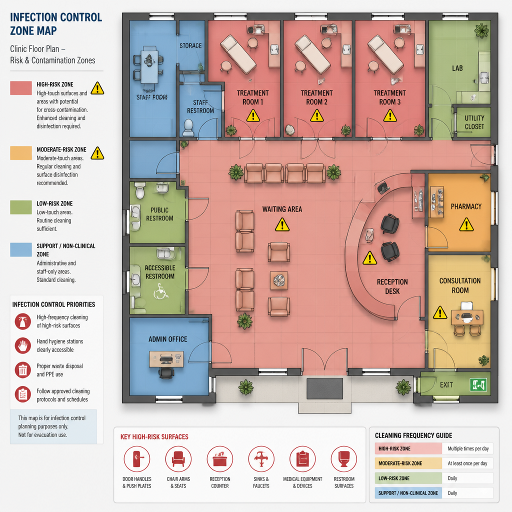 Medical Centre Cleaning Melbourne: Why Standard Cleaning Falls Short Medical facility floor plan showing high-risk contamination zones requiring specialized cleaning protocols during Medical centre cleaning