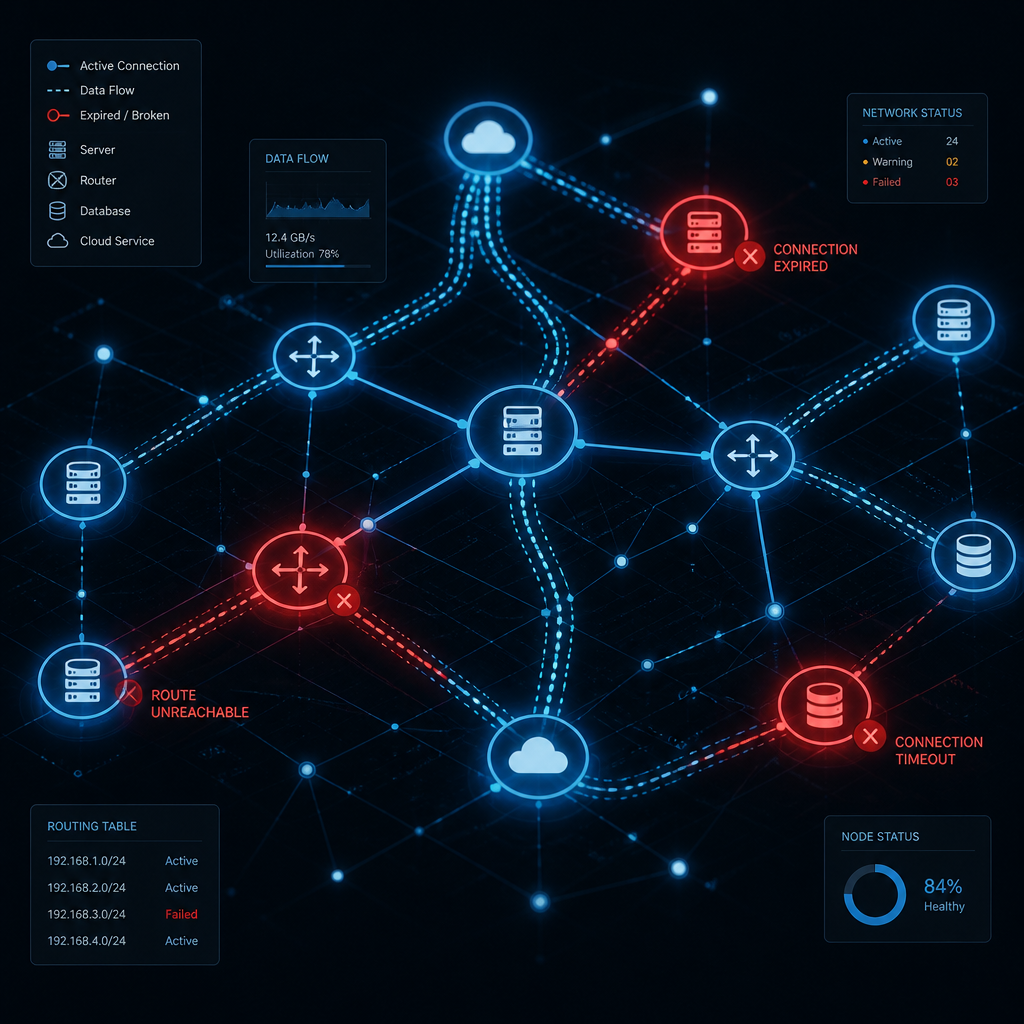 Abstract network diagram with highlighted expired connections and data flow visualization
