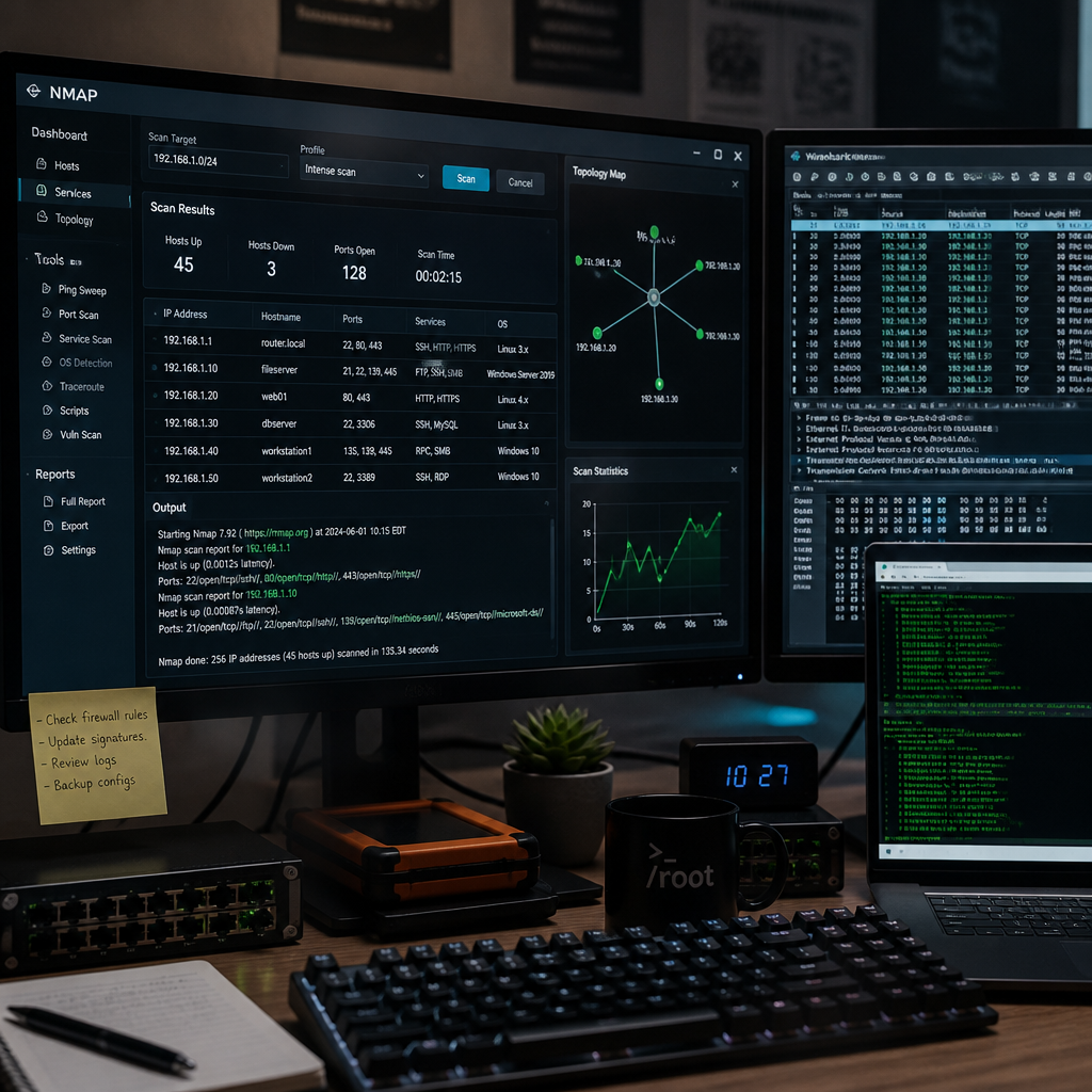 Tech workspace with multiple monitors showing network scanning and verification tools