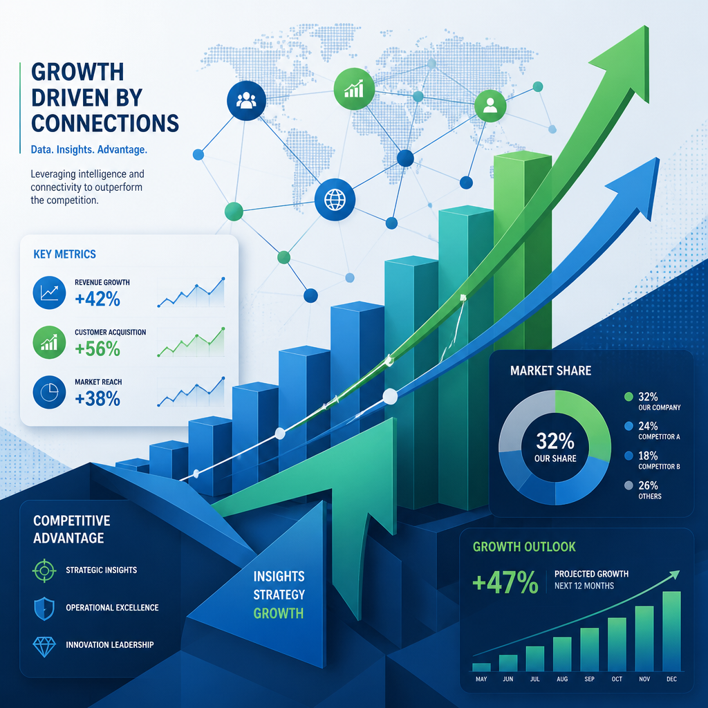 Digital visualization of growth graphs and market share trends with network connections