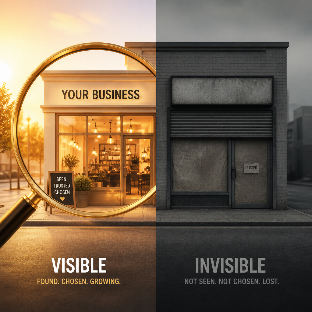 Conceptual split image contrasting visibility and invisibility in digital search presence