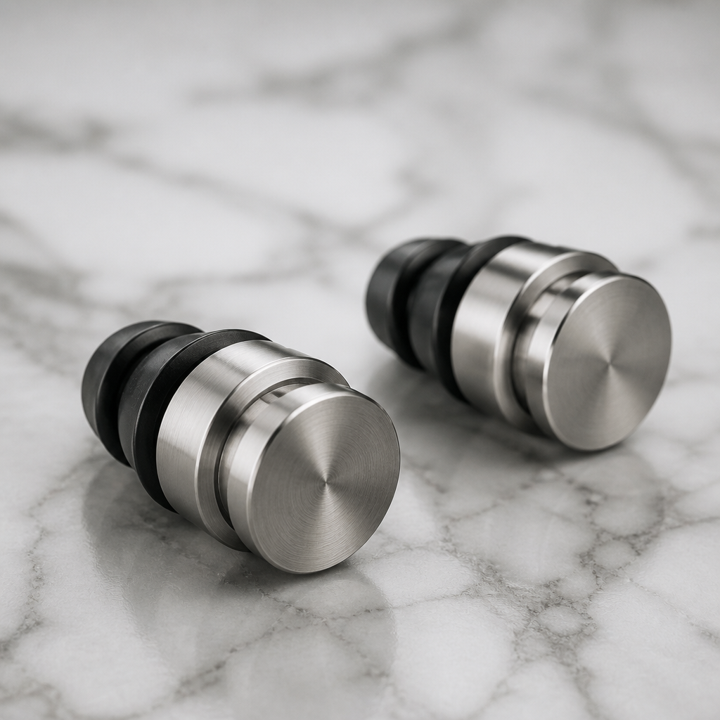 Sleek metal ear plugs displayed on marble with soft studio lighting