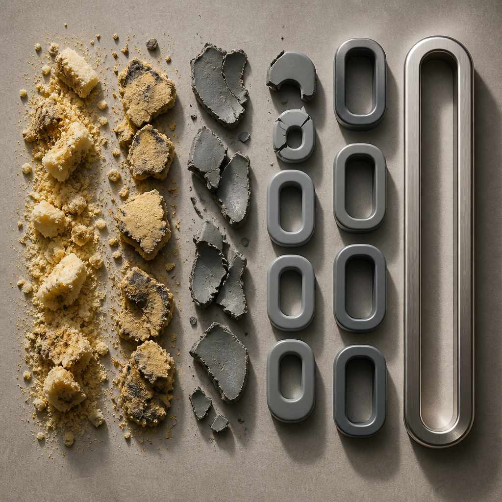 Visual comparison showing deteriorating disposable materials transforming into durable metal earplugs