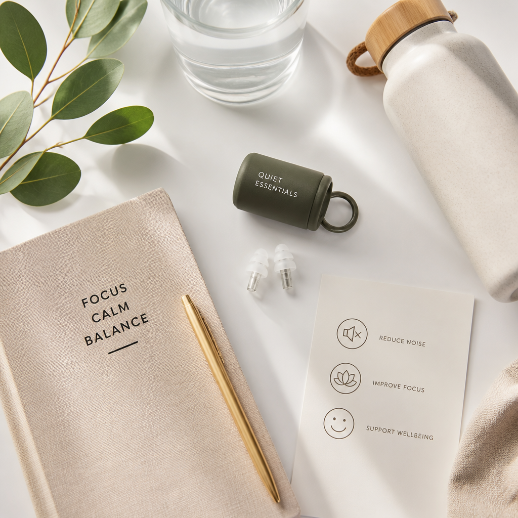 Wellness lifestyle flat lay with reusable ear plugs and sustainability-focused travel accessories