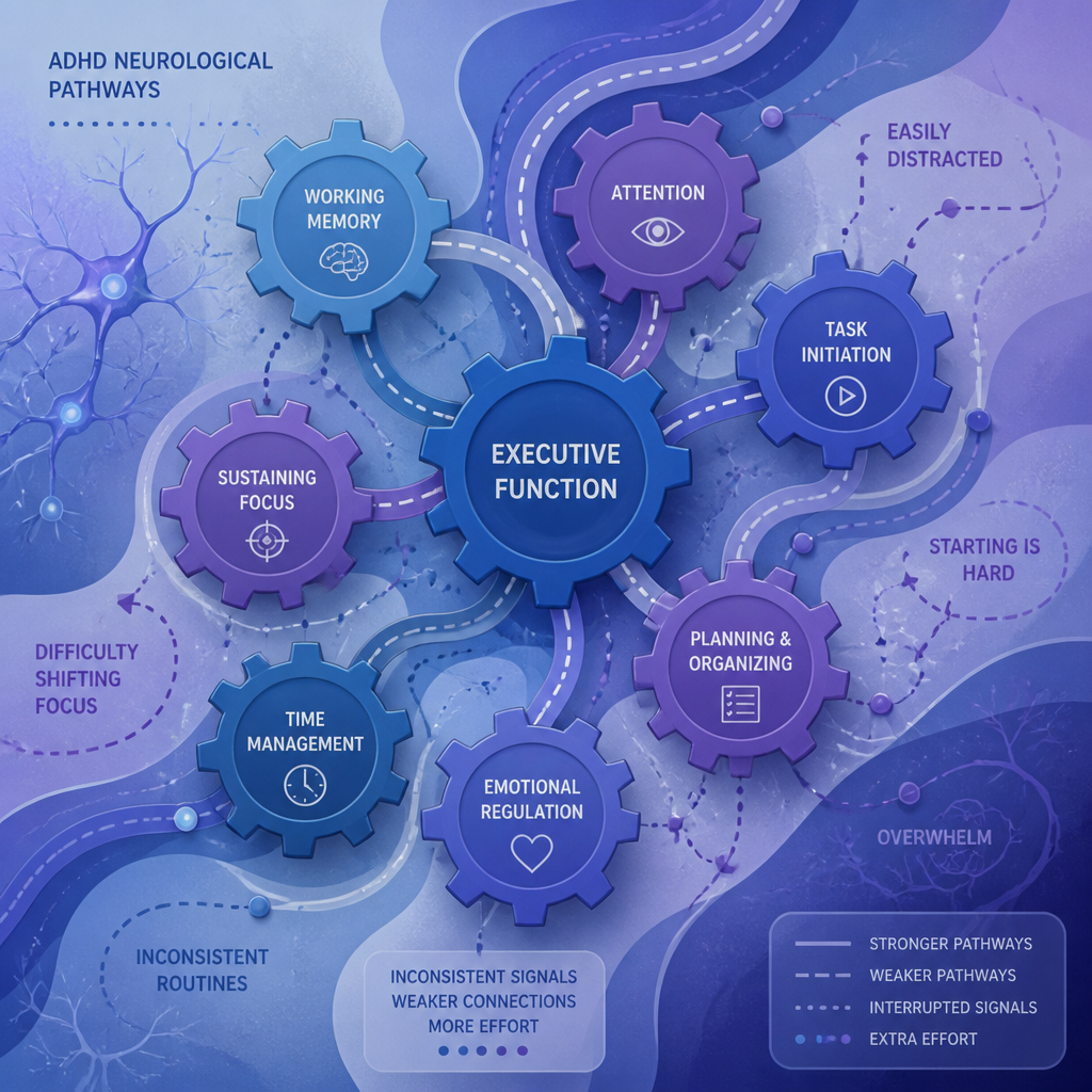 Abstract visualization of ADHD brain function and neurological pathways