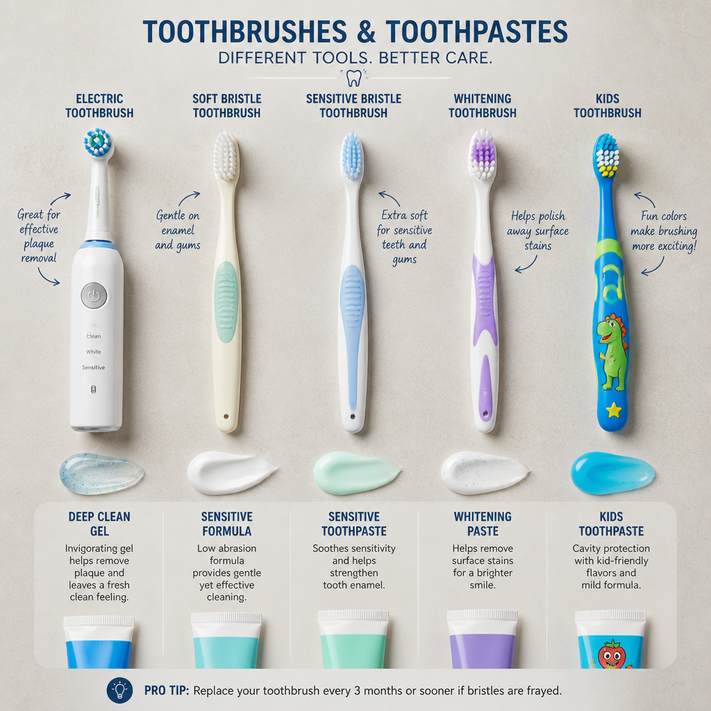 Collection of different toothbrush and toothpaste options for sensory preference