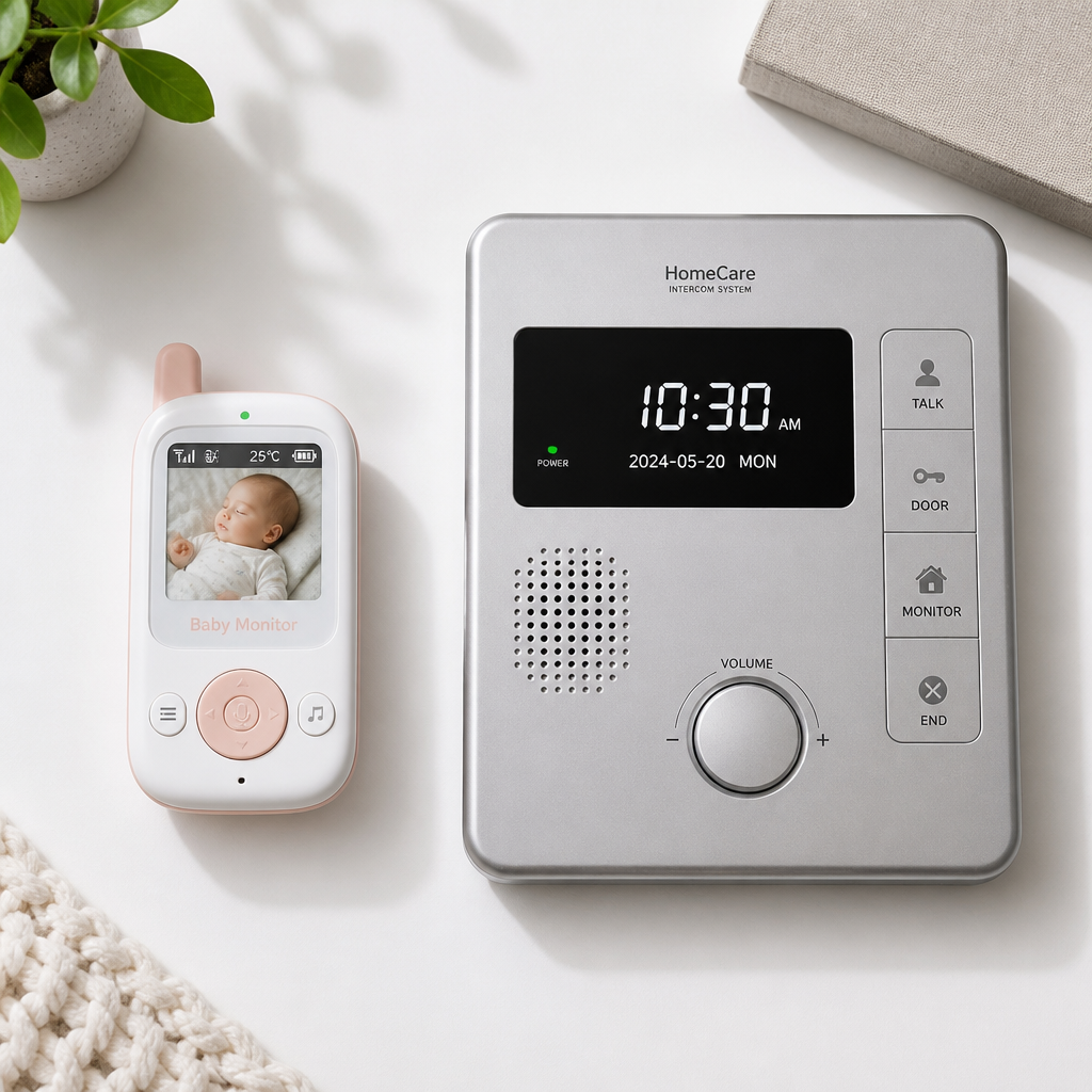 Baby monitor and elderly care intercom system displayed side by side