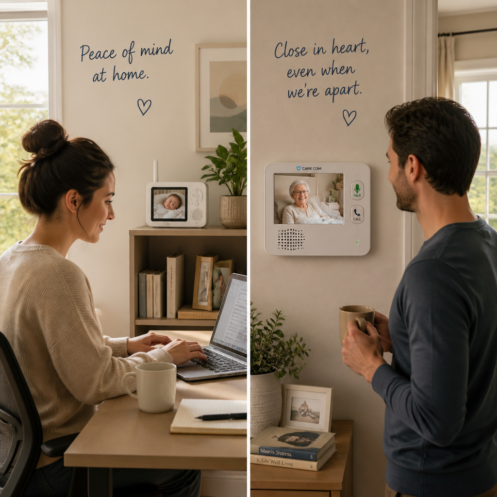 Two home care scenarios showing parent monitoring baby and adult child monitoring elderly parent