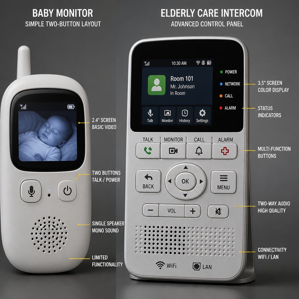 Detailed comparison of baby monitor versus elderly care intercom control features