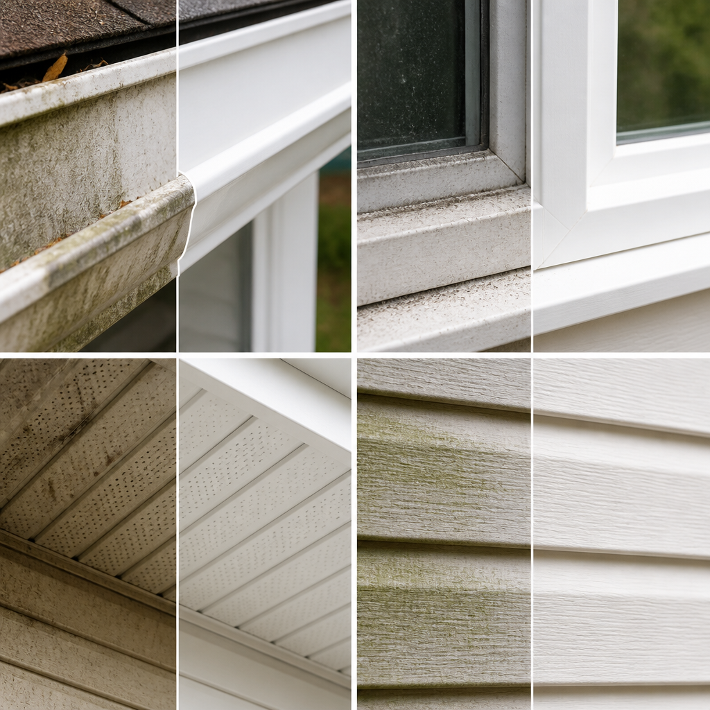 Split-view detailing of eavestrough, window, and siding showing before-and-after cleaning