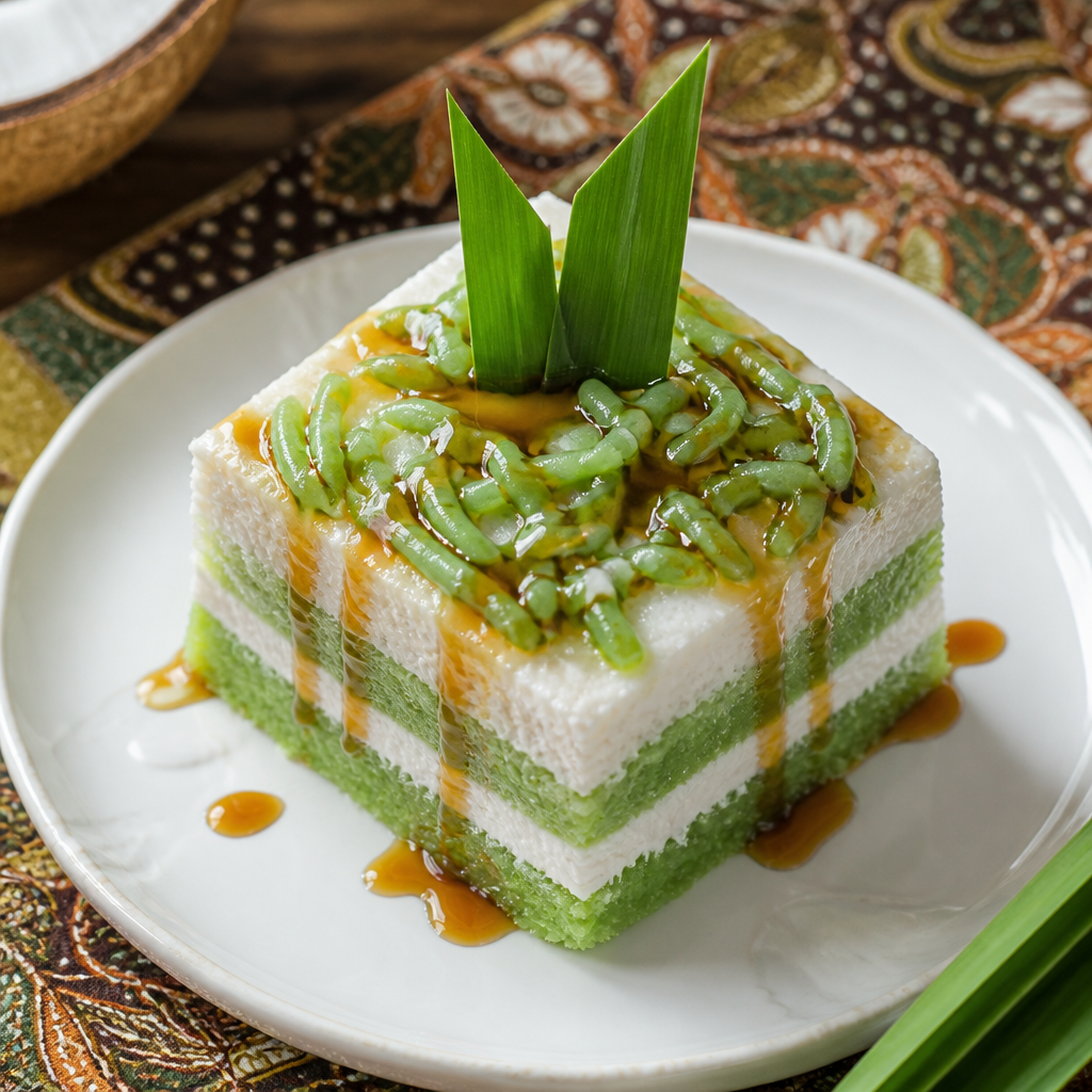 Overhead view of a layered Cendol Cake with green pandan and white cream, garnished with gula melaka