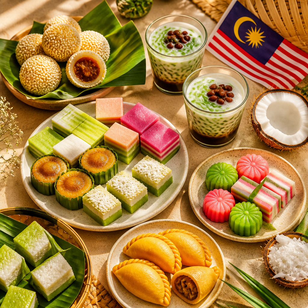 Flat lay of various Malaysian festive treats including onde onde, kuih-kuih, and cendol arranged on a neutral surface