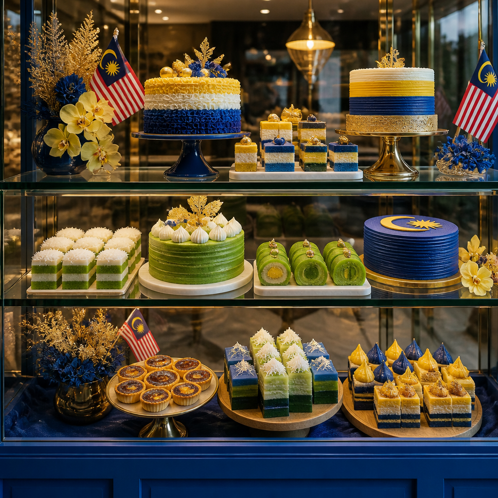 Bakery display window featuring multiple Malaysian National Day cakes with flag-inspired colors and traditional flavors