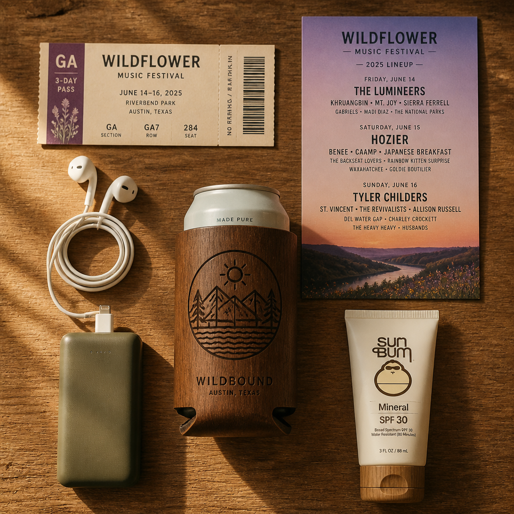 Curated festival gear lay-flat including can cooler sleeve and concert tickets on wooden surface