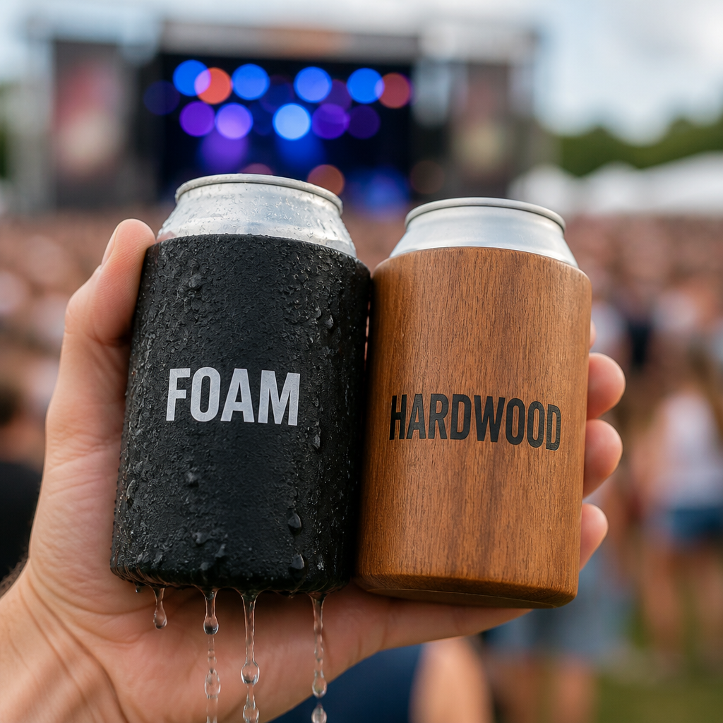Close-up of two can sleeves showing moisture comparison-wet foam versus dry hardwood material