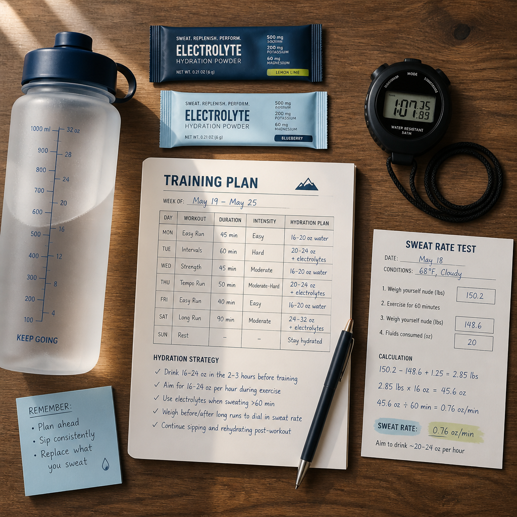 Hydration planning essentials for athletes laid out on a training table