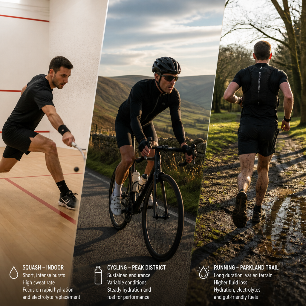 Three UK athletic environments—squash court, cycling road, and trail running