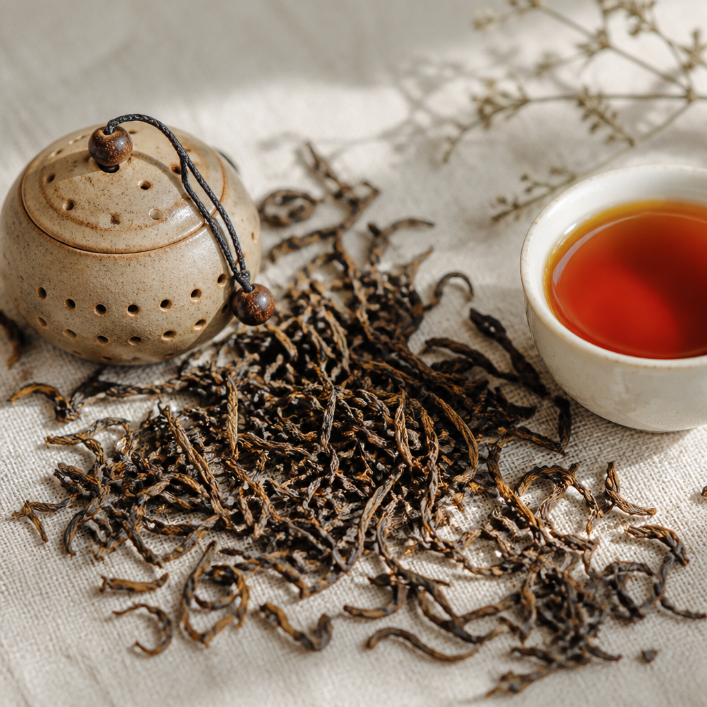 Loose-leaf Ceylon tea with ceramic infuser and brewed cup in natural lighting