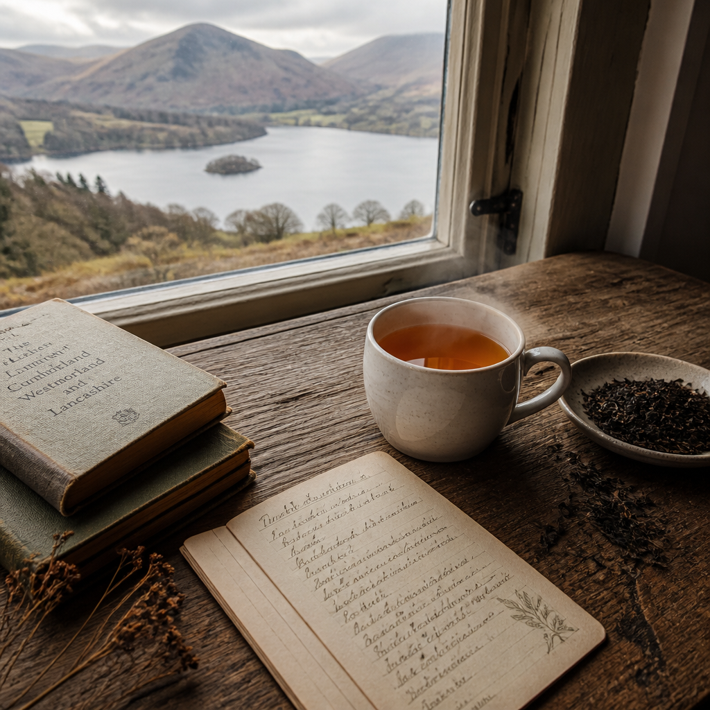 Mountain view landscape with tea brewing scene and heritage recipe card