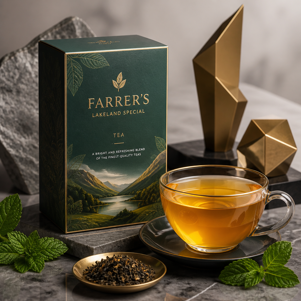 Award-winning tea blend with premium packaging and bright golden brewed cup