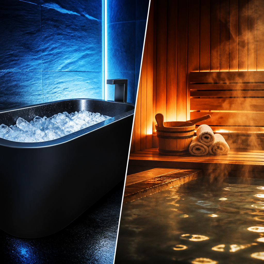 Comparação visual entre terapia de frio (banho de gelo) e calor (sauna)