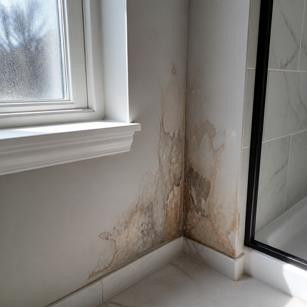 Bathroom wall showing waterproofing failure and moisture damage in new construction