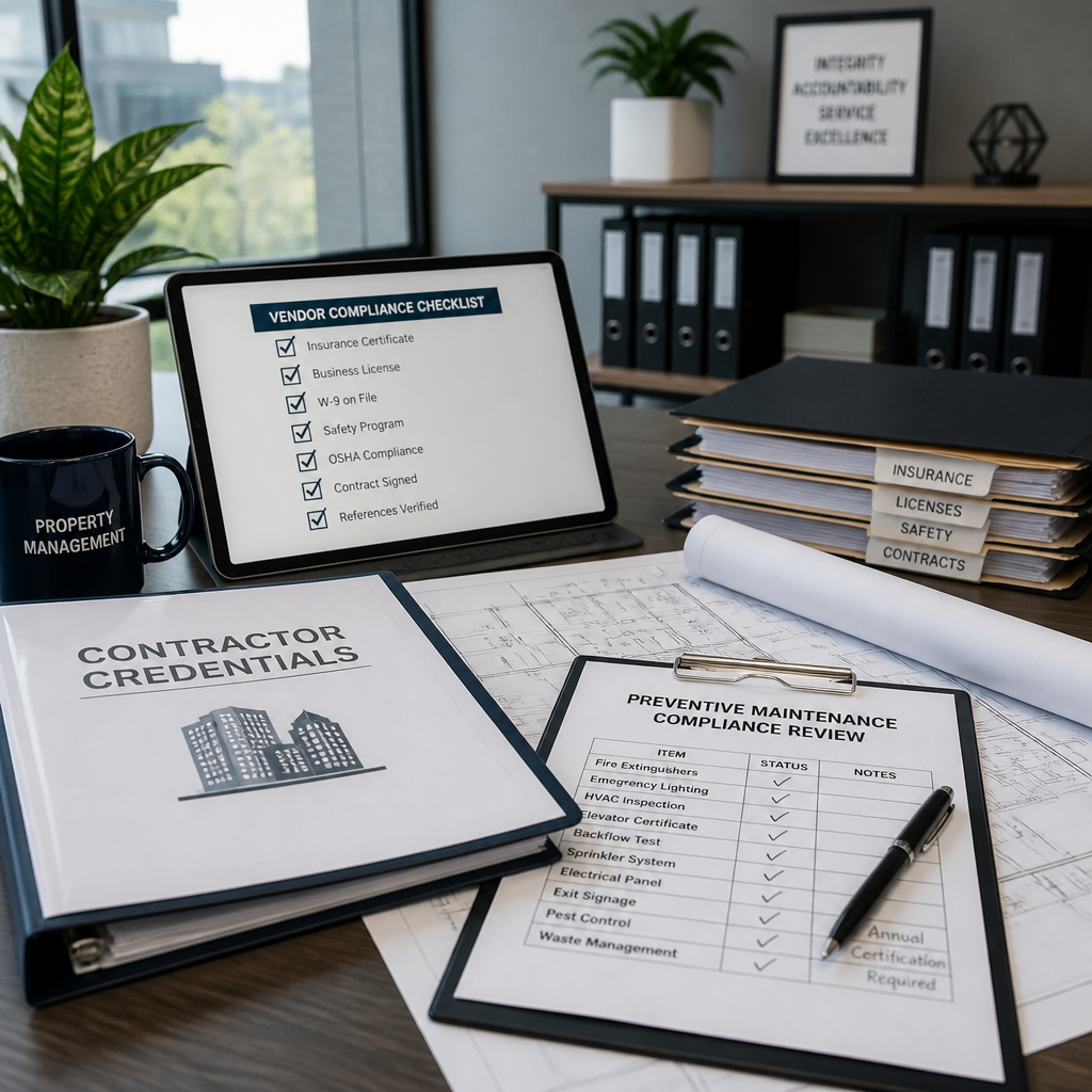 Property manager's desk with compliance documents and contractor vetting materials - Window Cleaning Guide