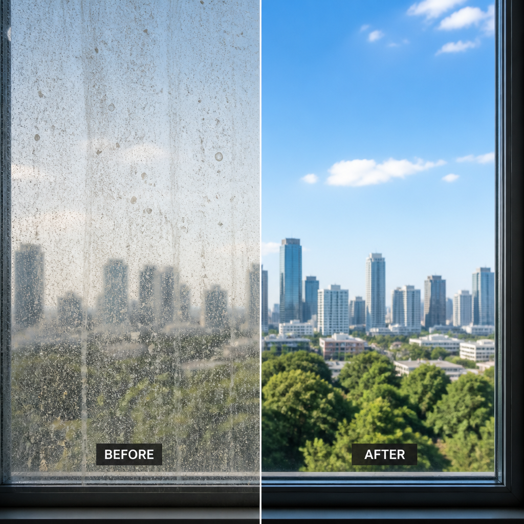 Before-and-after comparison of dirty versus clean commercial windows - Window Cleaning Guide