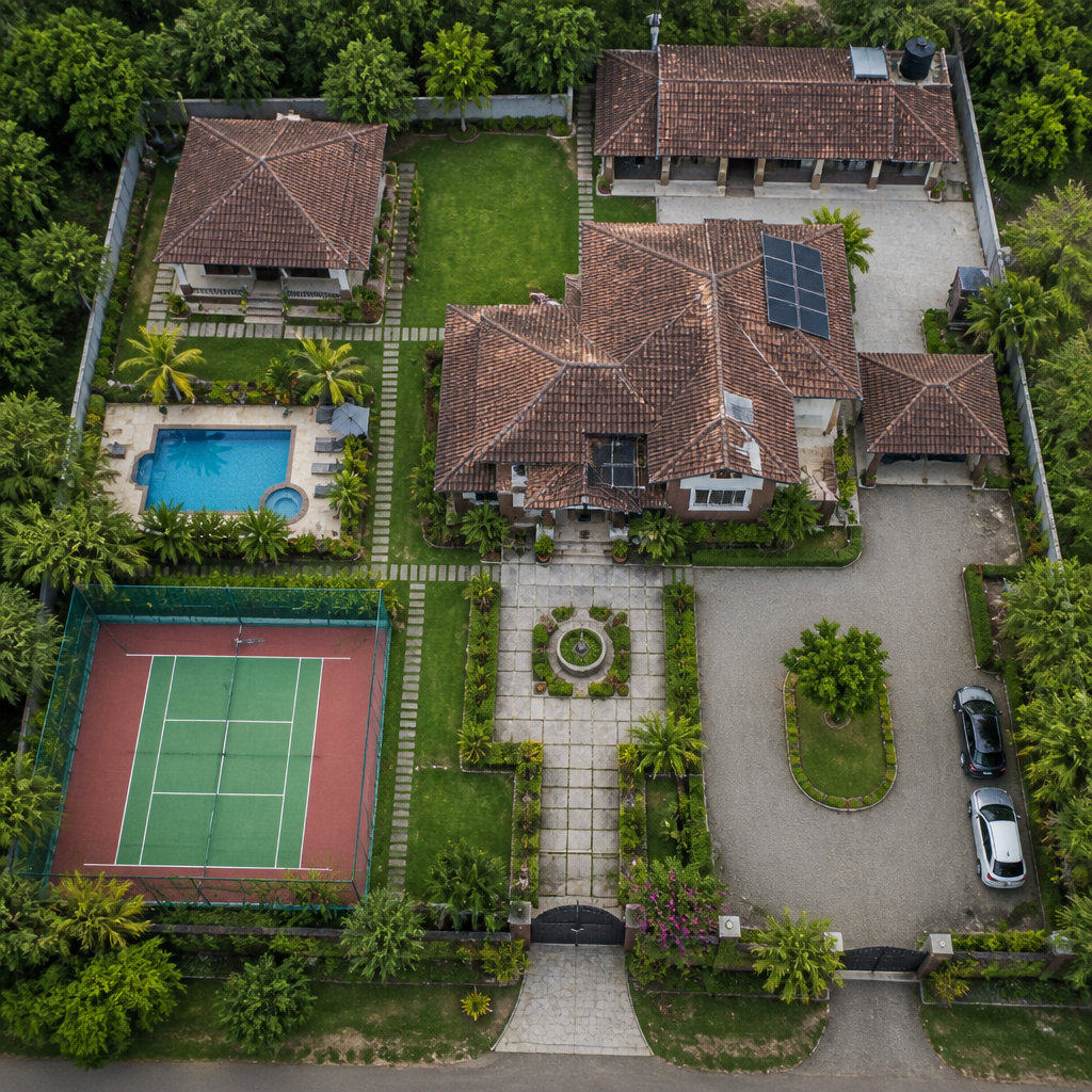 Dronefoto af boligkompleks med bygninger og grønne arealer set fra oven