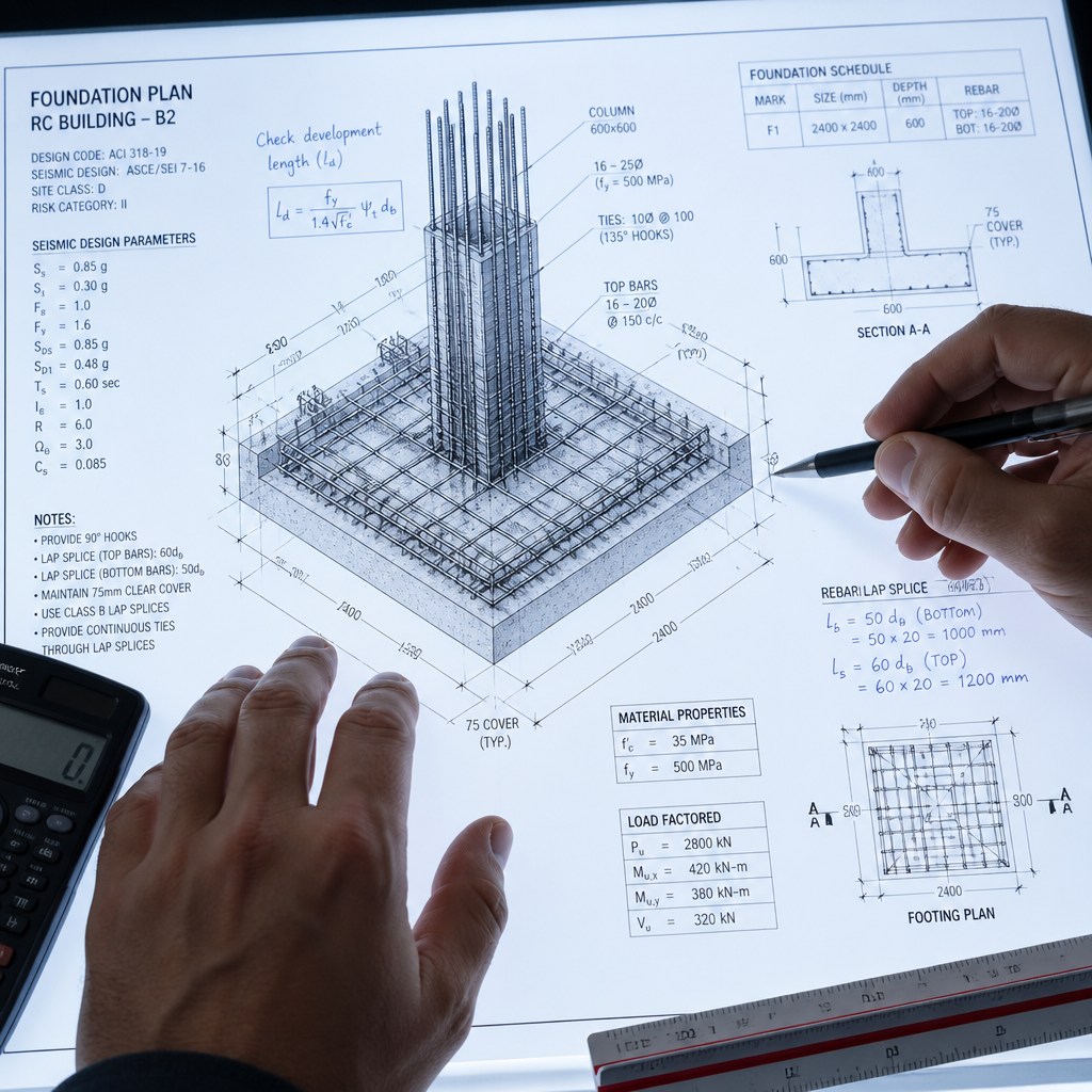 Vue rapprochée des mains d'un ingénieur examinant des plans techniques de renforcement parasismique