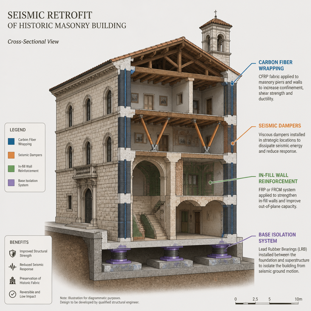 Illustration technique d'une coupe transversale montrant les techniques de renforcement sismique d'un bâtiment ancien