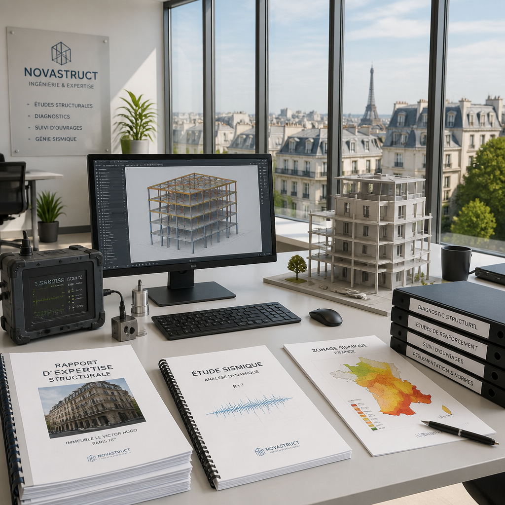 Espace de travail professionnel d'ingénierie parasismique avec modèles structurels et documentation technique