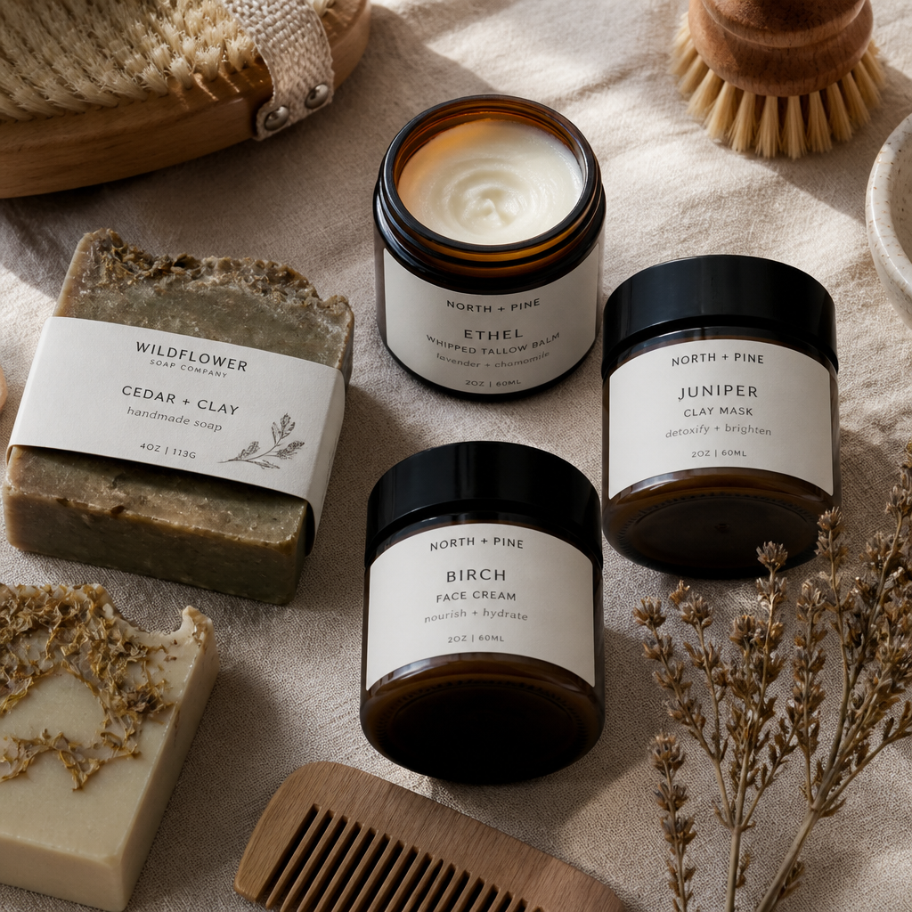 Curated display of indie Canadian wellness products including handcrafted skincare and bath items on natural fabric