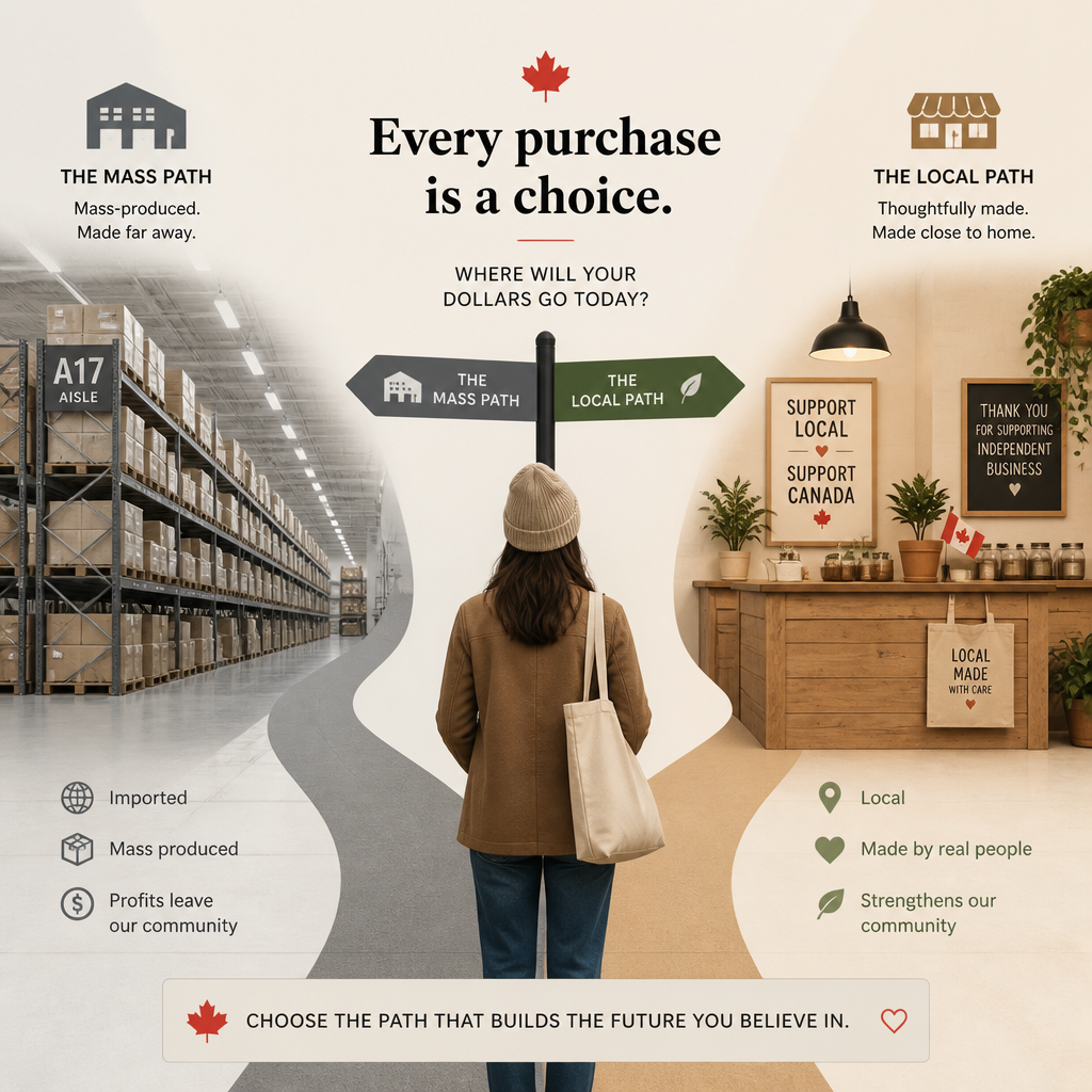 Visual comparison between mass-market retail and indie brand shopping experiences