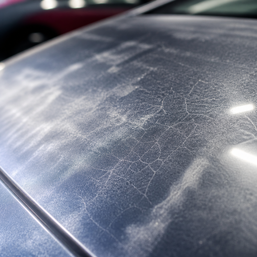 Close-up of oxidized car paint showing dull, chalky, damaged clear coat surface with texture degradation